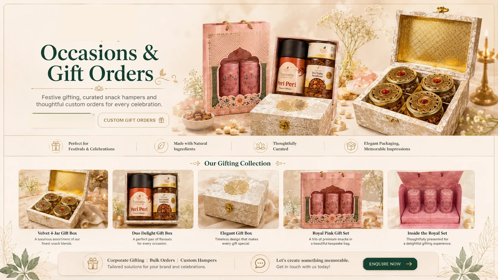 Tattvana occasions and gift orders banner showing curated festive snack hampers and premium gift boxes
